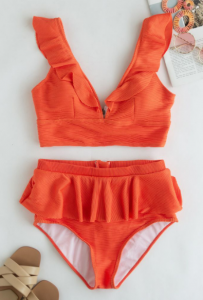 Zippered back ruffle bikini set in orange