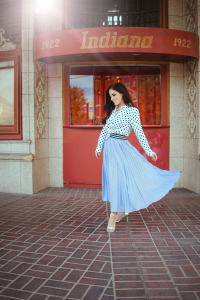 Blue and white skirt paired with dotted top